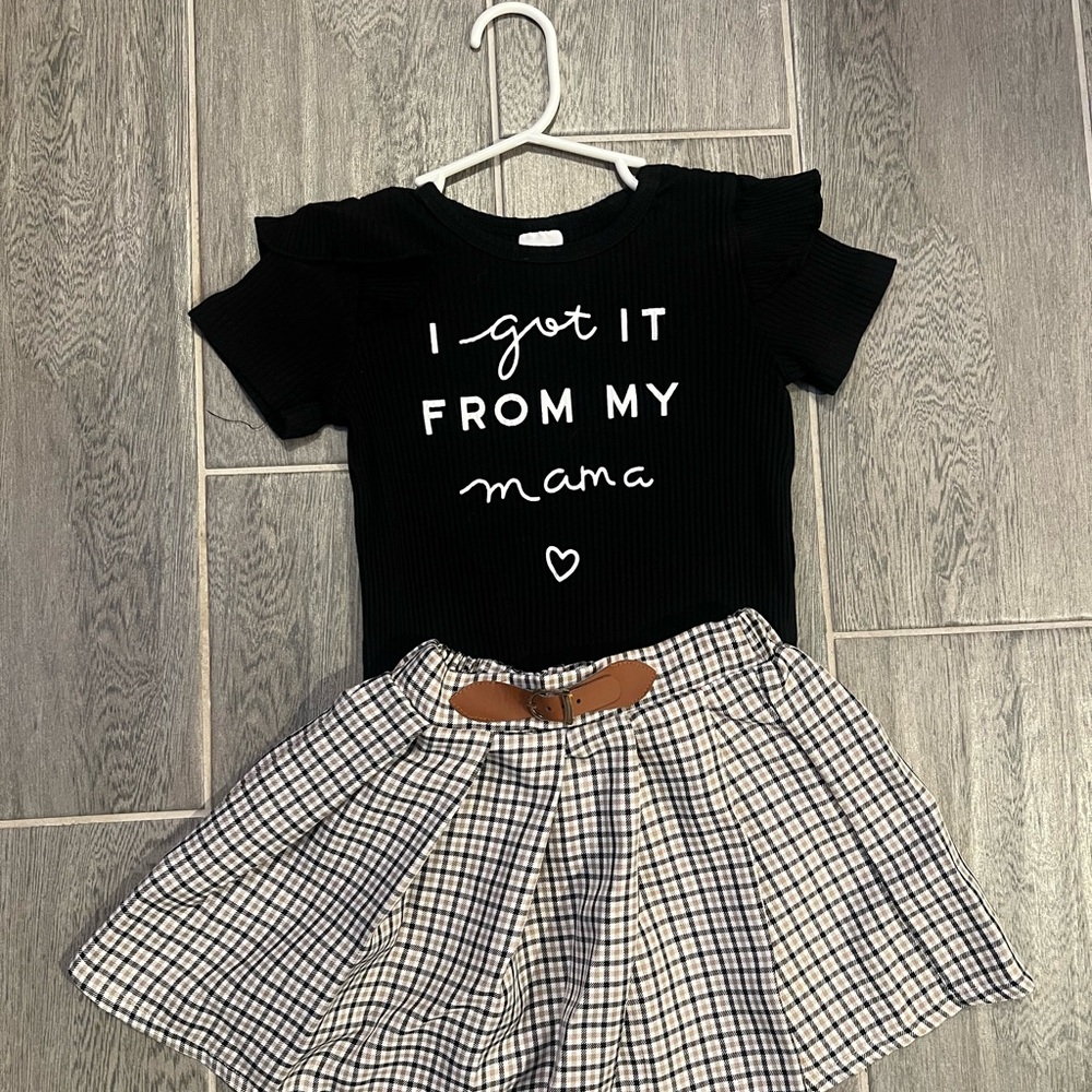 Black Graphic Tee and Plaid Skirt Set